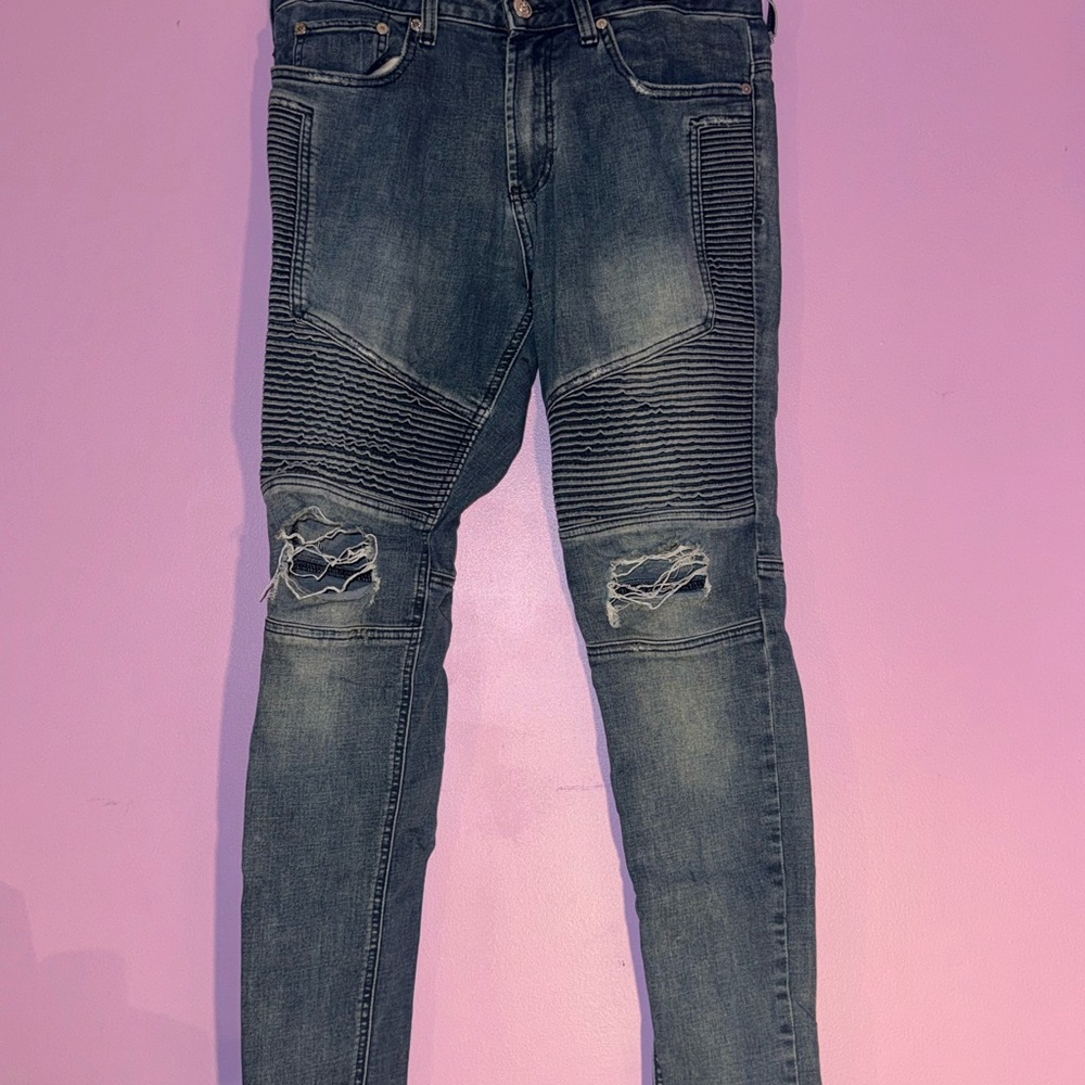 PacSun Men's Distressed Biker Skinny Jeans - Dark Blue